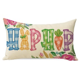 Ussap Hip Hop Easter Lumbar Decorative Throw Pillow Cover 12 x 20, Bunny Rabbit Carrot Colorful Rectangle Cushion Case Decor, Spring Rose Flowers Farmhouse Home Decoration for Sofa Couch