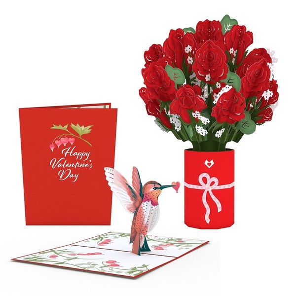Lovepop Red Rose Valentine’s Day Hummingbird Bundle, 5" x 7"