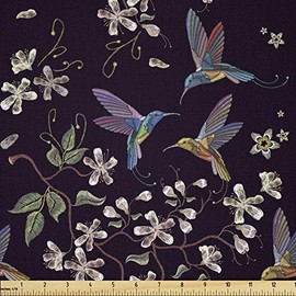 Ambesonne Cherry Blossom Fabric by The Yard Flappy Broad-Tailed Hummingbirds Flying White Japanese Blossom Trees Microfiber Fabric for Arts and Crafts Soft Pillow Covers Textiles & Decor 3 Yards Black