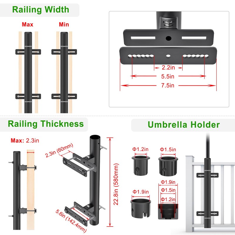 Lifeswell Heavy Duty Deck Railing Umbrella Holder, Adjustable Patio Umbrella