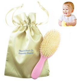 Bass Baby BS27 Hair Brush,100% Pure Soft White Natural Bristles and Gold Satin Brush Travel Bag. For Newborns Infants and Toddlers with Fine Hair. Detangle Hair, Massage and Stimulate the Scalp (Pink)