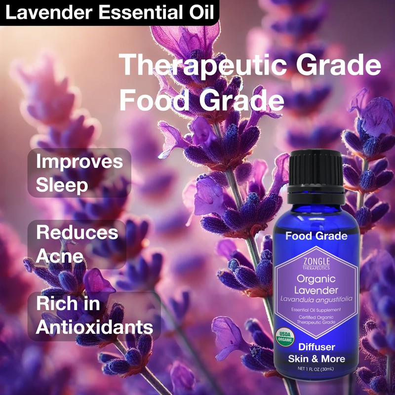 Organic, Lavender Essential Oil, Food Grade, for Drinks, Skin, Hair