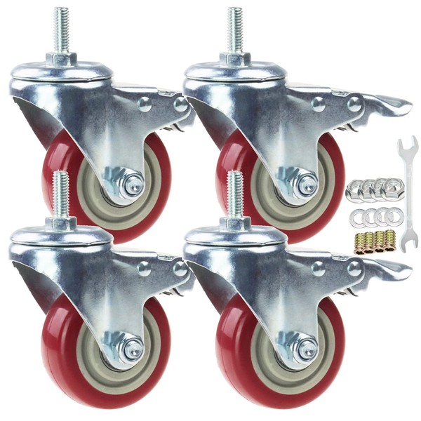 Swivel Stem Casters, Heavy Duty Double-Locking Castors with Red PU