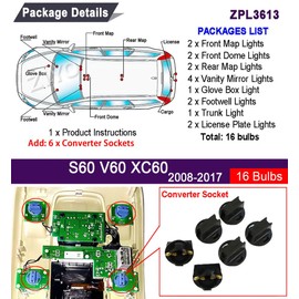 ZIYO LED Interior Light Kit for Volvo XC60 S60 V60 2008-2017 Dome Light Bulbs Replacement Package, 6000K Xenon White LED Lights Accessories Upgrade Error Free (16 Bulbs)