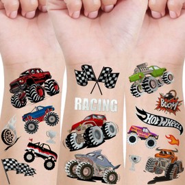 Groovy Metallic Temporary Tattoos Monster Truck, 63+ PCS Cartoon Flash Glitter Silver Trucks Tattoos For Kids Boys Girls Child, Racing Car Checkered Flag Wheel Trophy Flames Face Tattoo Party Supplies