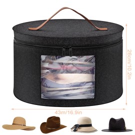 WEFINEST Round Hat Boxes with Lids, 43 x 26cm Felt Hat Storage Box Dark Grey Hats Organiser, Foldable Travel Hats Boxes Storage with Transparent Window and Handle Zip for Storing Clothes, Toys
