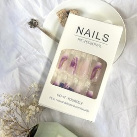 Press on Nails Medium Marbling False Nails Gold Foil Lines Design Purple Smudge Fake Nails Artificial Acrylic Nails Full Cover Glossy Reusable Coffin Nails Glue on Nails for Women 24Pcs