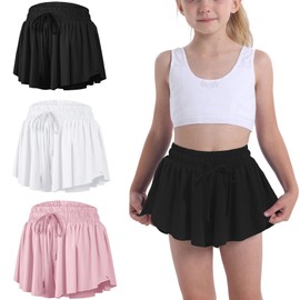 Flowy Butterfly Shorts for Girls 2-in-1 Athletic Running Skirt Shorts Cheer Tennis Dance Preppy with Spandex Liner, 3 Pack(black,white,light Pink), Large