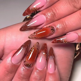 MERVF Press on Nails Long Stiletto Fall, Brown French Tip Fake Nails 3D Gold Glue ons Aura Acrylic Nail Tortoise Design Supplies Glossy 24pcs
