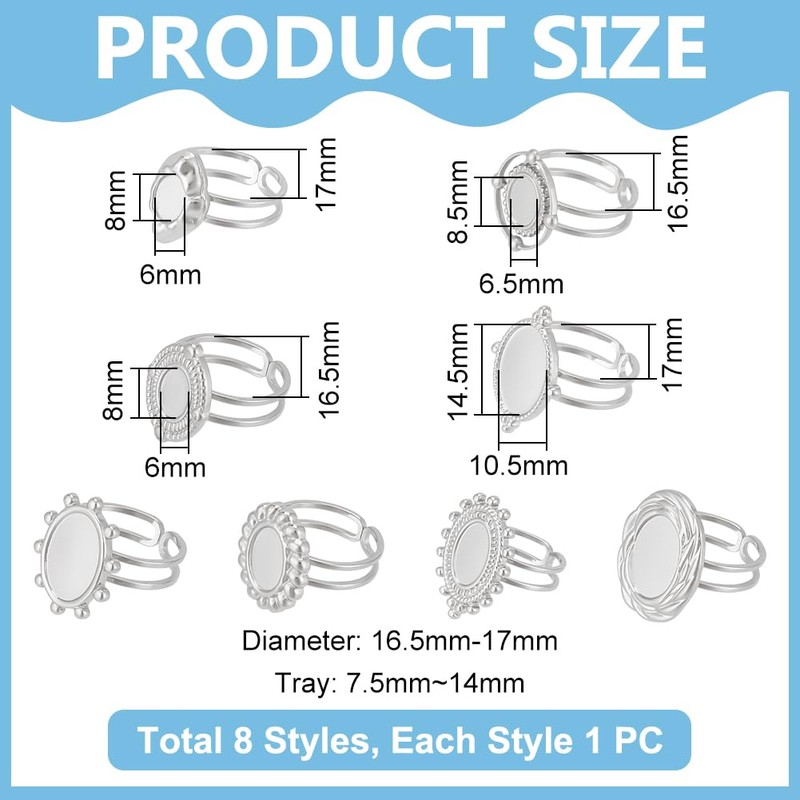 UNICRAFTALE 8 Pieces 8 Styles Oval Cabochon Bezel Blank Tray