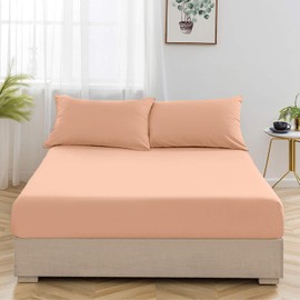 Oxford Homeware Peach King Size Fitted Sheets -100% Brushed Microfibre 1800 Easy Care 25 cm Deep King Size Bed Sheet Bedding - Shrinkage and Fade Resistance