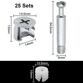 DXLing 25 Pieces Furniture Connection Sets Eccentric Fitting Furniture Connector Cabinet Connector Eccentric 14.5 mm Cam Fitting 34.5 mm M6 Screw-In Dowels and Plastic Nuts for Furniture Table Cabinets
