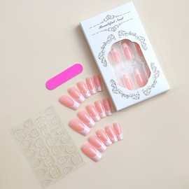 AkiliBIELY French Tip Press on Nails Short Square White Pink Fake Nails Pearl Women Fantasy Glue on Nails Acrylic Gel Stick on Nails For Cute False Nails Wedding Birthday