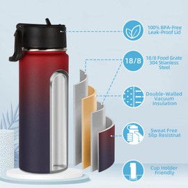 Volhoply 18oz Insulated Water Bottle Bulk 2 Pack,Kids Stainless Steel Water Bottles with Straw Lid,Double Wall Vacuum Reusable Metal Thermos,Wide Mouth Sports Flask Keep Hot and Cold(Red Purple,2 Set)