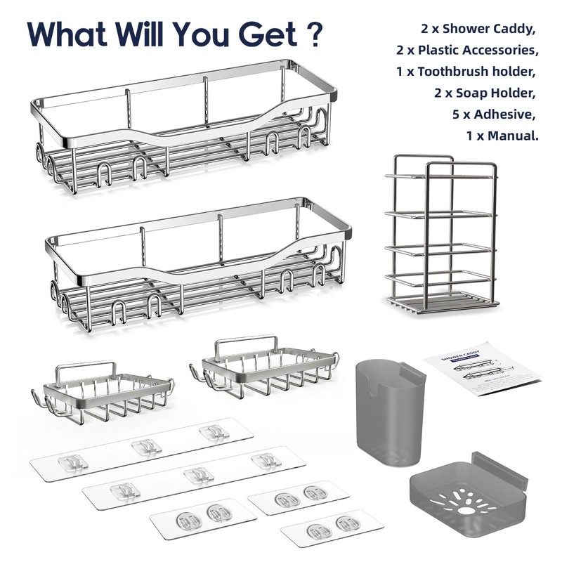 NESOMI Shower Caddy Adhesive Shower Organizer 7-Pack, Rustproof Stainless Steel
