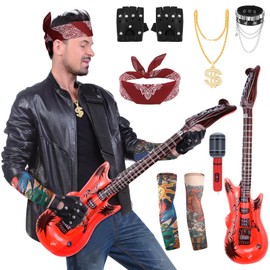 ViEinkaufen 9 Pcs Punk Gothic Rocker Costume Set Disco Rock Star Fancy Dress with Gloves Bandana Tattoo Sleeves Necklace Bracelet Inflatable Guitar Microphone for Festivals Cosplay Party Supplies
