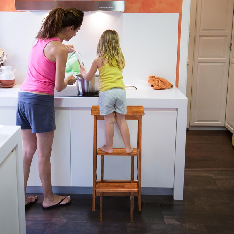 DORTALA 3 Tier Folding Step Stool, Rubber Wood Multifunctional Ladder