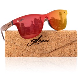 glozzi Sonnenbrille Herren und Damen Holz Verspiegelt Polarisiert und Entspiegelt UV400 Rot mit Holzbügeln aus Walnuss und Brillenetui aus Kork