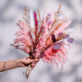 Natural Preserved & Dried 17 inch Flower Bouquet| Real Dried Flower Arrangements for Home, Office Decoration, Wedding Centerpiece and Gifts| Pink Pampas, White Pampas, Lavender, Bunny Tails & More