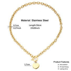 WangGao Elegent Love Stainless Steel Link Chain Blank Heart Charms Necklace for Women Toggle Clasp Closure Jewelry,Gold