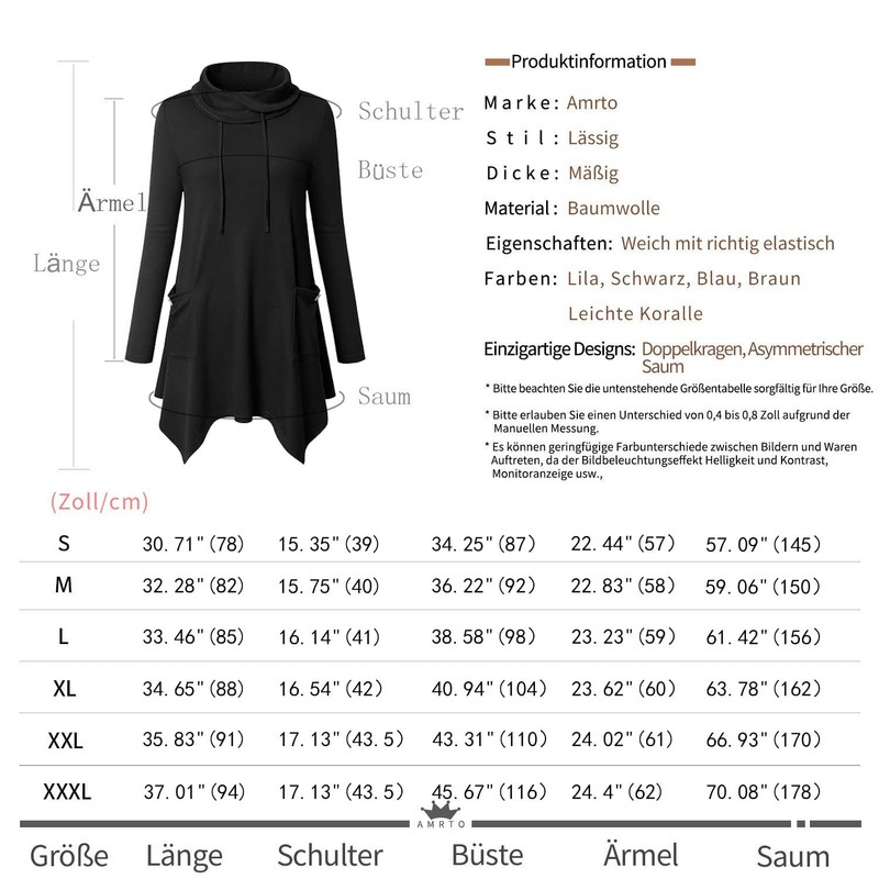 Amrto Women's Long-Sleeved Turtleneck Tunic, Top with Pockets - #1