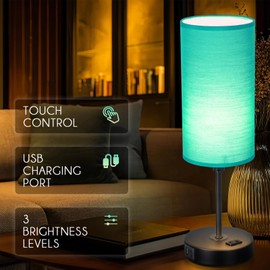 Gugsey Table Lamp with USB Port - Teal Desk Lamp, Green Touch Lamp, Bedside Lamps, 3 Way Dimmable Small Lamps for Bedroom, Nightstand, Nursery, Dorm, Home, Office, Black Base+ Green Lampshade