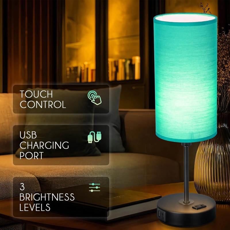 Gugsey Table Lamp with USB Port - Teal Desk Lamp,