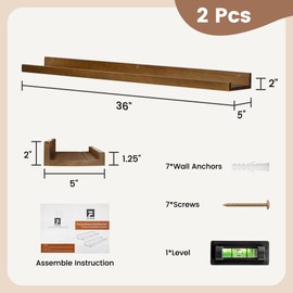 FLYJOE Picture Ledge Wall Shelves 36 inch Width Set of 2, Solid Pine Wood Rustic Floating Ledge Shelves for Wall for Kids' Room Bedroom Kitchen Bathroom Living Room Nursery Display Wall Decor, Walnut