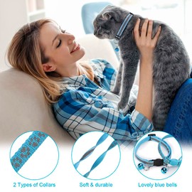 Bosose 2 Pack Cat Collar with Bells, Reflective Collars for Cats with Breakaway Safety Buckle, Nylon, 7-12 Inch Adjustable, Blue