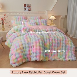 LIFEREVO Fluffy Faux Rabbit Fur Duvet Cover Set, Cute Plush Shaggy Bubble Bedding Set for Adult Girls Kids Teens, 1 Fuzzy Tie Dye Comforter Cover + 2 Furry Pillow Shams, Zipper Closure, Rainbow, King