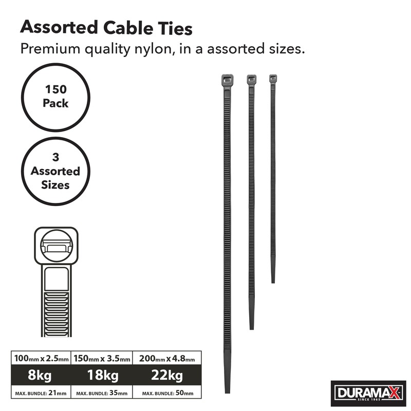Duramax Cable Ties 150-Pieces Set, Assorted Size, Black