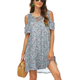Bluetime Women Cold Shoulder Summer Dress Short Sleeve Beach Casual Loose Swing Dress (S, Floral Gray Blue)