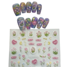 TiMi 3D Embossed Nail Stickers - Pink Tulip Design, Cute Fresh Self-Adhesive Nail Art Decals for Women Girls A Set of 1 Sheets