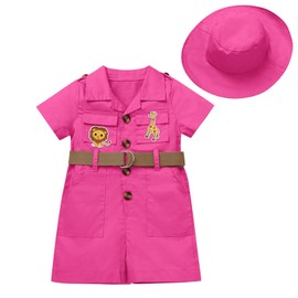Baby Safari Outfit Wild One Birthday Outfit Girl Short Sleeve Safari Jumpsuit with Hat Toddler Zoo Keeper Costume Rose Red 18-24 Months