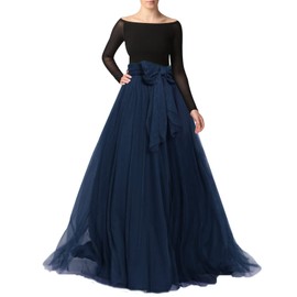 Women Maxi Long Tulle Skirt Floor Length with Bowknot High Waisted for Wedding Party Dress (Navy, Medium,US 4-16)