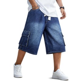 GINGTTO Mens Baggy Denim Shorts Cargo Capri Jorts Men Y2k Below The Knee Jean Shorts Men Vintage Long Dark Blue 30