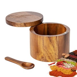 Salt Cellar Wooden, Acacia Wood Salt Box, Spice Box with Swivel Cover, Swivel Lid Container, Salt and Pepper Storage Box, with Magnetic Lid & Mini Spoon, for Salt, Spice and Herbs Storage