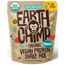 EarthChimp Organic Vegan Protein Powder - with Probiotics - Non GMO, Dairy Free, Non Whey, Plant Based Protein Powder for Women and Men, Gluten Free - 26 Servings 32 Oz (Plain & Unsweetened) No Scoop