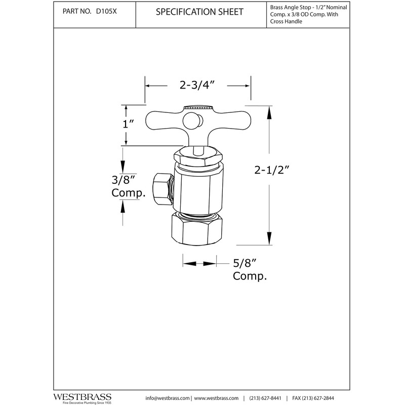 Westbrass D105X-2-01 Cross Handle Angle Stop Shut Off Valve, 1/2"