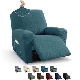 MAXIJIN Recliner Cover Slipcovers for Living Room 4 Pieces Stretch Jacquard Recliner Chair Cover Soft Fitted Recliner Protector with Elastic Bottom for Kids, Pets (Recliner, Peacock Blue)