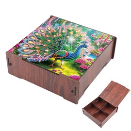 DIY Diamond Art Storage Box, Peacock Design Wooden Diamond Painting Organizer with Flip-Top Lid and 4 Divided Compartments, for Craft, Jewelry, and Desktop Storage, Table Decoration Gift Accessories