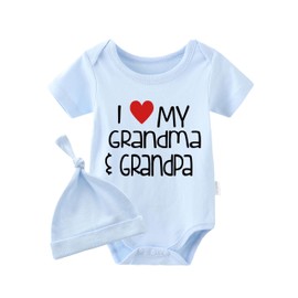 culbutomind Baby Twins Romper I Love My Grandma Grandpa Fun Baby Bodysuit Short Sleeve Gift for Birth Baby Boys Girls Twins Baby Clothing with Hat, Blue I Love My Grandma Grandpa, 3-6 months