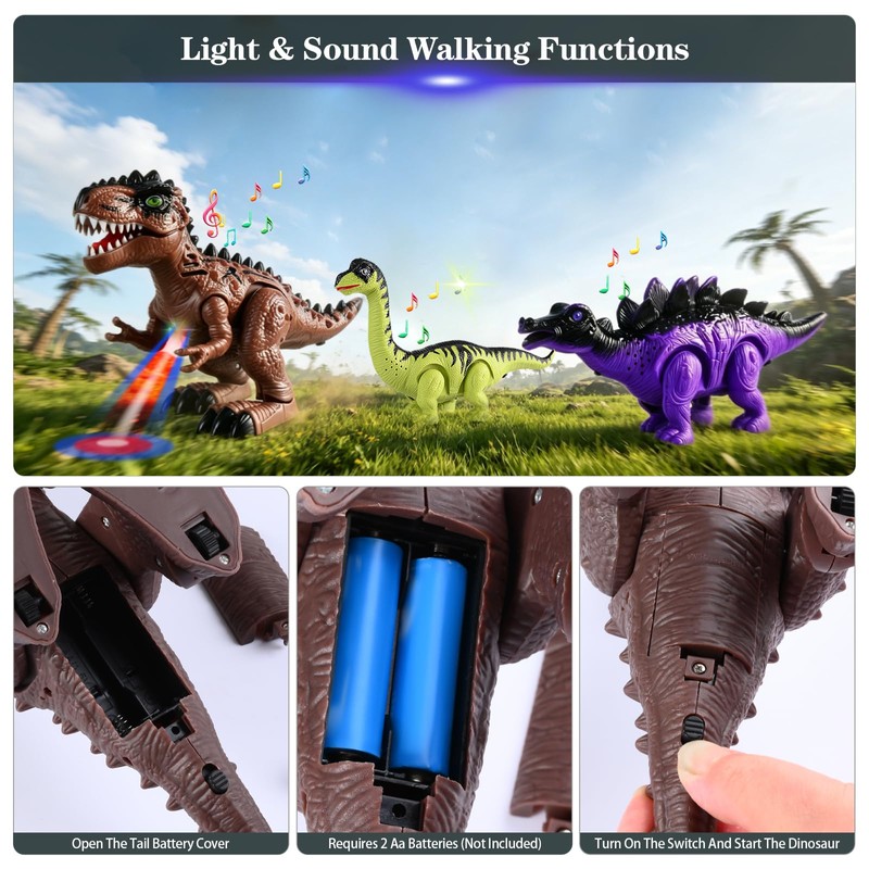 3-Pack Electronic Walking Dinosaur Toys for Toddlers 2-4, Moving Dinosaurs