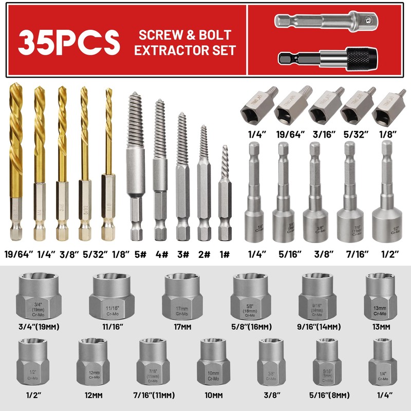 UYECOVE 35Pcs Screw Bolt Extractor Set, Left Hand Drill Bit
