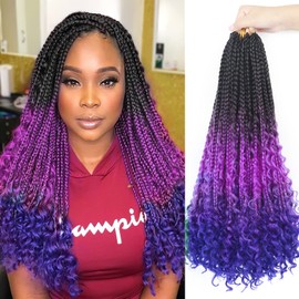 Goddess Box Braids Crochet Hair With Curly Ends 18 Inch Bohomian Box Braids Crochet Braids 8 Packs 3X Crochet Braids Synthetic Braiding Hair Extension for Black Women (18 Inch (Pack of 8), M1B purple Blue)