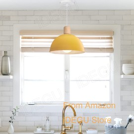 iDEGU Chandelier Pendant Light Retro Pendant Light Modern Style Half Ceiling Lamp E27 Wood Metal Lamp Pendant Light for Bedroom Dining Room Kitchen Diameter 20 cm (Yellow)