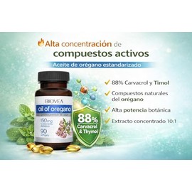 Biovea Capuslas de Aceite de Oregano con 88% Carvacrol y Timol 150 mg con 90 capsulas