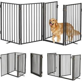 Metal Freestanding Dog Gates with Door for Outdoor Indoor,80'' Extra Wide 32'' Tall Free Standing Dog Gate for Doorways,Large Openings,Deck,Yard,Porch,Foldable Safety Pet Fence(Black,4 Panels)