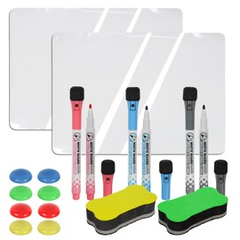 A4 Magnetic Dry Erase Whiteboard Sheet Pack of 2 Magnetic Dry Wipe Board with 3 Whiteboard Pens, 1 Magnetic Eraser and 4 Fridge Magnets for Memos, Notes, Lists and Menus in Home Kitchen Office
