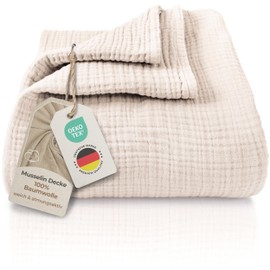 LAYNENBURG Premium Muslin Bedspread 150 x 200 cm - 100% Cotton - Extra Soft, Lightweight Summer Blanket as Cuddly Blanket, Bed Throw, Cotton Blanket, Couch Throw - Warm Sofa Blanket (Beige)